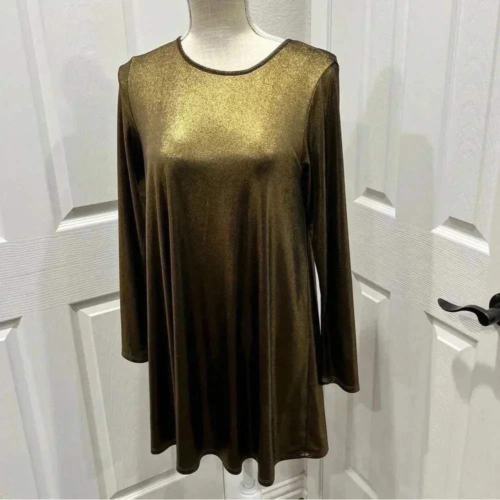 Riller & Fount x Revolve Gold scoop neck shimmer mini dress long sleeve,